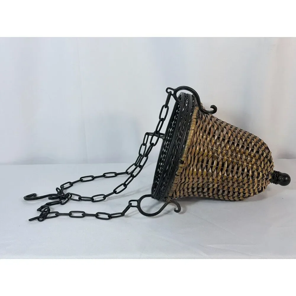 VTG Rattan Metal Bell Shaped Hanging Planter Woven Brown Embellished Decor